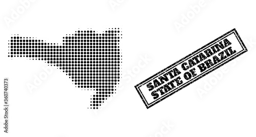 Halftone map of Santa Catarina State, and textured seal. Halftone map of Santa Catarina State designed with small black spheric pixels. Vector seal with scratched style, double framed rectangle,