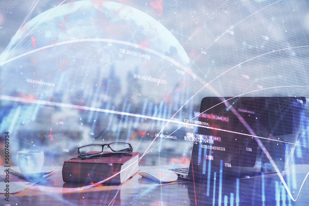 Double exposure of financial chart drawings and desk with open notebook background. Concept of forex market Double exposure of financial chart drawings and desk with open notebook background. Concept of forex market