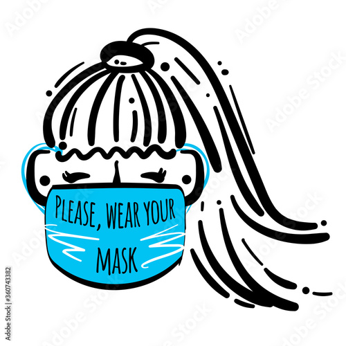 No entry without face mask. Stock vector illustration of female character in medical mask. Passage only in mask, without mask entry is prohibited. Advertisement for protection, prevention coronavirus.
