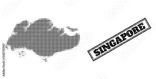 Halftone map of Singapore, and scratched stamp. Halftone map of Singapore made with small black spheric points. Vector watermark with scratched style, double framed rectangle, in black color.