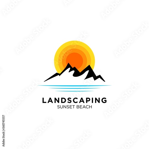sunset / sunrise logo with mountain and beach landscape logo templates
