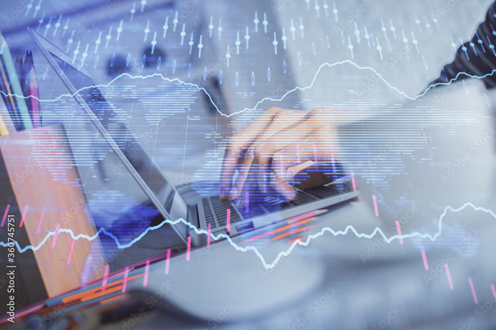 Double exposure of woman hands typing on computer and forex chart hologram drawing. Stock market invest concept. Double exposure of woman hands typing on computer and forex chart hologram drawing. Stock market invest concept.