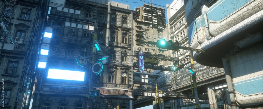 Bright sunny day in a cyberpunk city. Photorealistic 3d illustration of the futuristic city. Empty street with blue neon lights. Beautiful urban wallpaper.