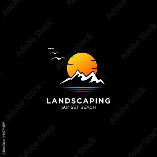 sunset / sunrise logo with mountain and beach landscape logo templates