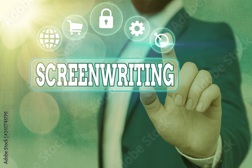 Handwriting text Screenwriting. Conceptual photo the art and craft of writing scripts for media communication Information digital technology network connection infographic elements icon photo