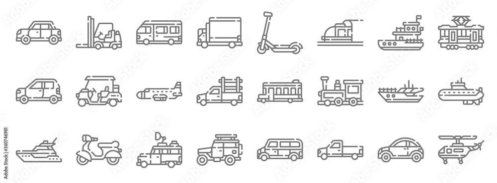 vehicles transports line icons. linear set. quality vector line set ...