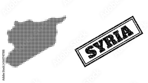 Halftone map of Syria, and unclean seal stamp. Halftone map of Syria made with small black round points. Vector seal with unclean style, double framed rectangle, in black color.