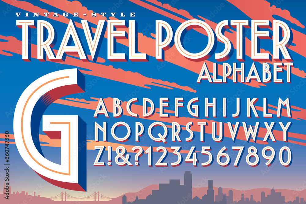 A Vector 3d Alphabet in the Style of Vintage 20th Century Travel Posters and Luggage Stickers
