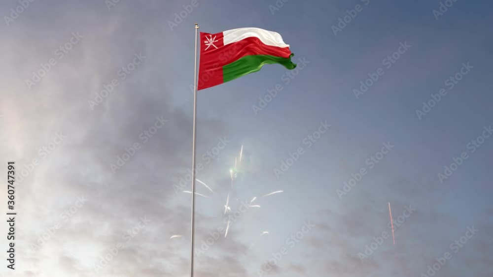 Oman Flag With Fireworks Background With Different Angle Of Movement  -3D rendering 