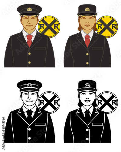 set of rail train conductor vector icons male and female, wearing dark uniform and hat with railroad crossing icon isolated on a white background