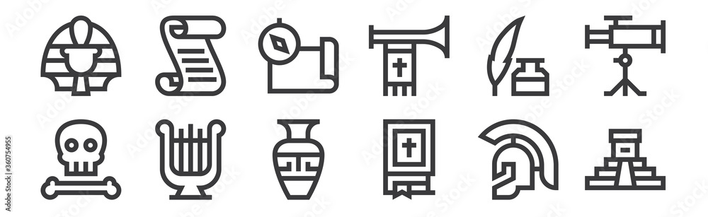 12 set of linear history icons. thin outline icons such as aztec pyramid, bible, harp, feather pen, compass, papyrus for web, mobile. - obrazy, fototapety, plakaty 