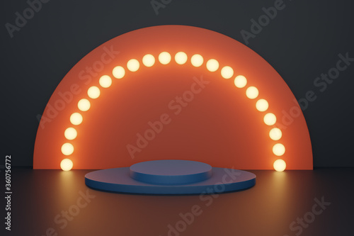 Podium concept product display background, round pedestal or platform and frame. blank space, lights, 3d rendering.