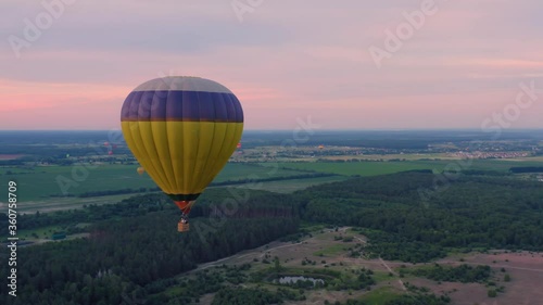 Colorful hot air balloon is flying over the green forest and fields at purple sunset. Aerial view