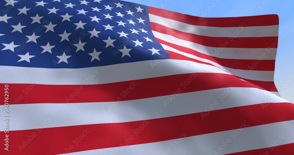 Fototapeta premium 4th July CGI isolated USA flag waving on a blue sky - close up of United States of America national flag flowing in the wind in US American democracy and freedom concept