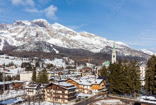 View of the downtown of Cortina, a town and comune in the heart of the southern Alps in the Veneto region of Northern Italy.  photo