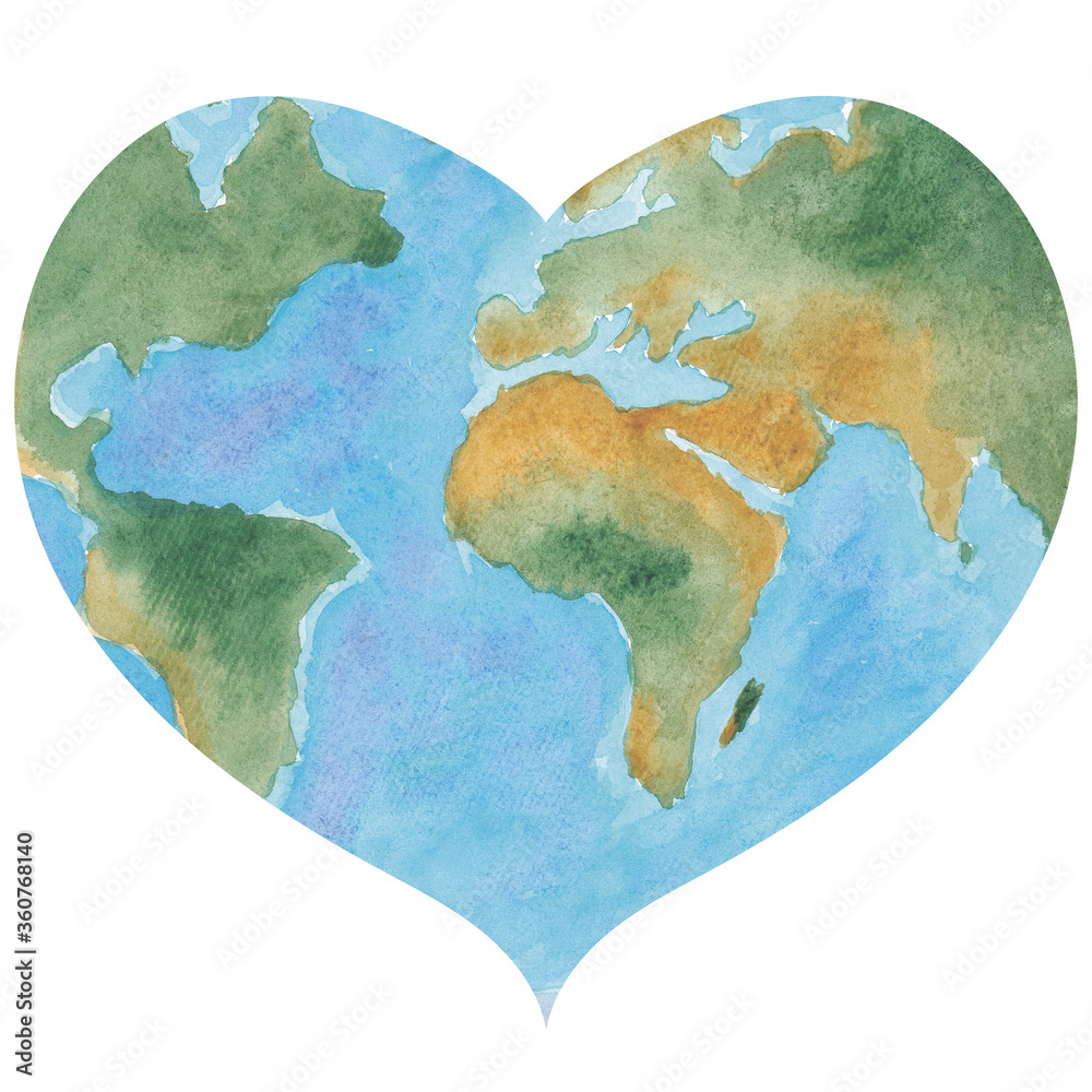 Watercolor blue and green terrestrial globe. One single object, heart shaped. Hand painted. Graphic drawing on white background, cut out clipart emblem for design and decoration.