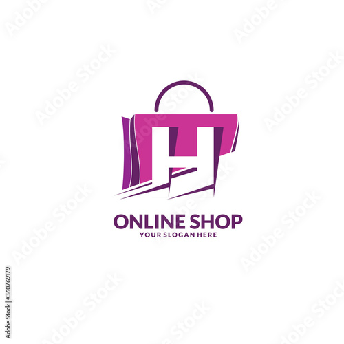 online shopping logo , abstract purple bag with letter h
