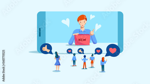 Social media male influencer marketing, type of promotion and advertisement. A male showing a product with audiences or customers who love and like, vector illustration
