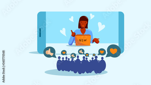 Social media black female influencer marketing, type of promotion and advertisement. An African -American woman showing a product with audiences or customers who love and like, vector illustration