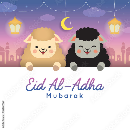 Eid al adha mubarak template or copy space. Cute cartoon black sheep and white sheep with mosque & fanous lantern. Festival of Sacrifice vector illustration. photo