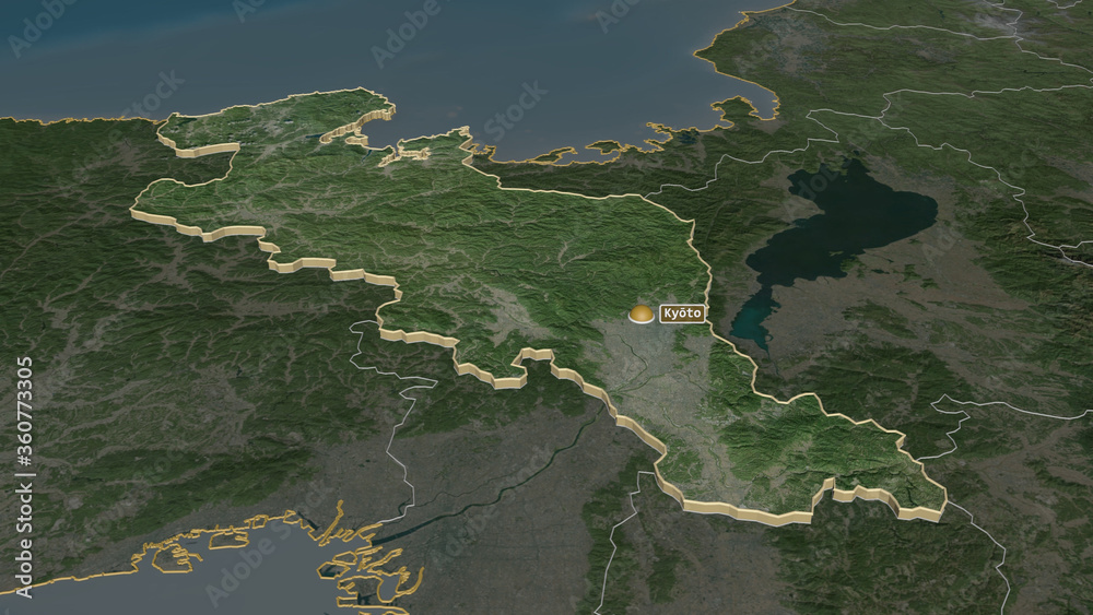 Kyoto, Japan - extruded with capital. Satellite Kyoto, Japan - extruded with capital. Satellite