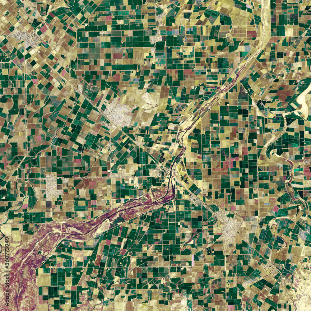Image Satellite of  crops, rivers and cities. Desert of  Baja california, Mexico. Aerial view of sentinel satellite images. observation of the surface of the earth from the sky.