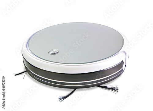 Robotic vacuum cleaner cleaning on white isolated background. 