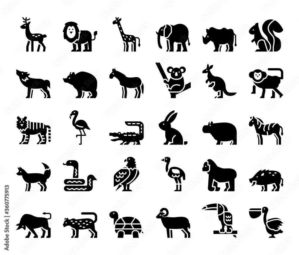Fototapeta premium wild animals glyph vector icons