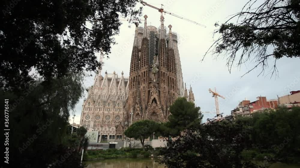 Sagrada familia empty during quarantine seen from lake Sagrada familia empty during quarantine seen from lake