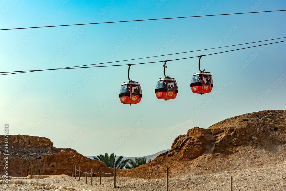JERICHO, PALESTINE JANUARY 2 Cable car over ancient ruins of the
