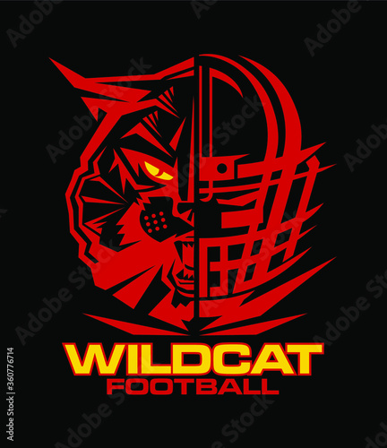 wildcat football team design with half mascot and facemask for school, college or league