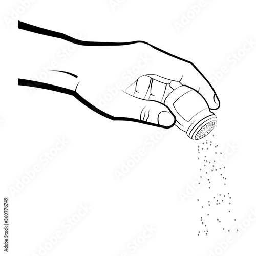 cooks hand holds a salt shaker or pepper shaker and pours out the flavor. Cooking in the kitchen. Isolated vector on white background