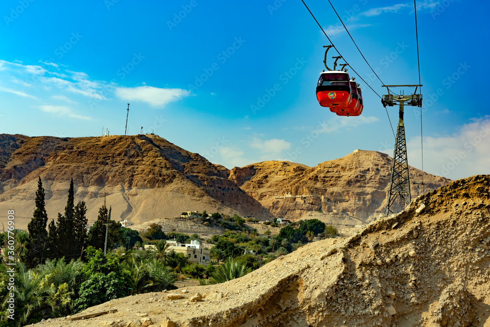 JERICHO, PALESTINE JANUARY 2 Cable car over ancient ruins of the