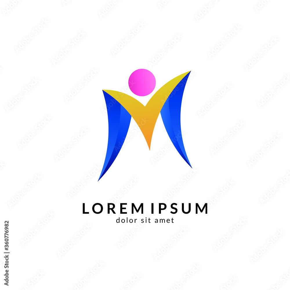 Human Letter M Logo Design. Initial Letter Combination With People Logo Concept. Unique Lettermark Symbol