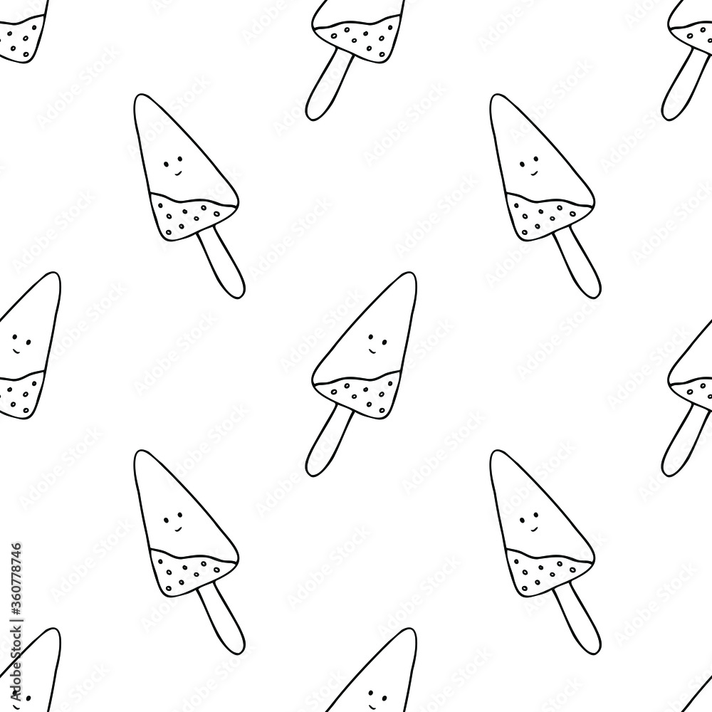 Seamless vector pattern with cartoon ice cream. Simple outline black and white drawing.