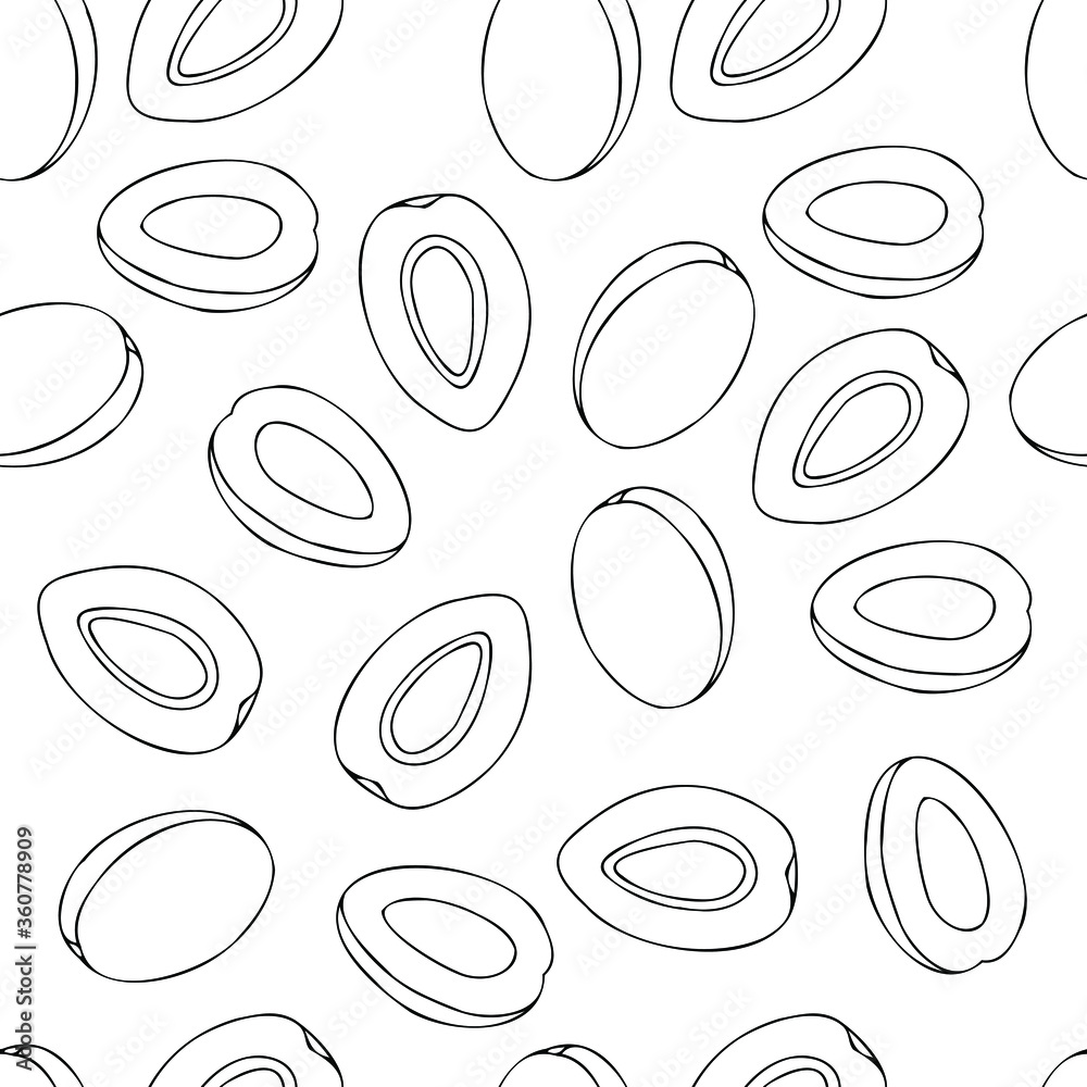Seamless vector pattern with plums. Simple outline black and white drawing with fruit.