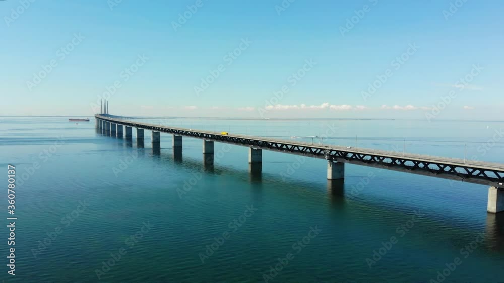 View of Øresundsbron from Sweden to Danmark, drone flying along the bridge