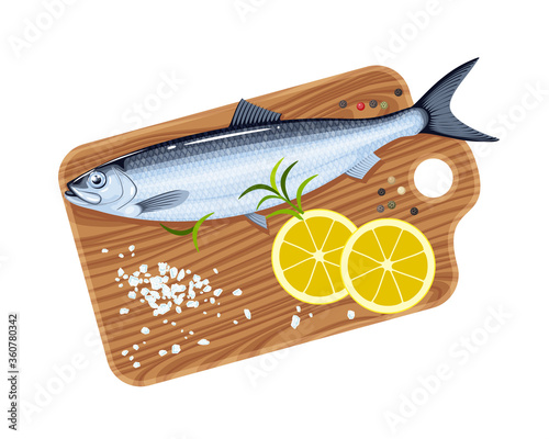 Herring fish on cutting board with lemon, salt and pepper. Vector illustration cartoon flat icon isolated on white background.