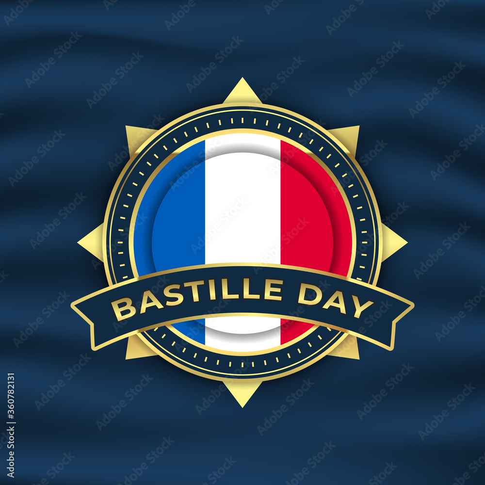 Fototapeta premium bastille day background illustration with gold emblem and waving flag vector