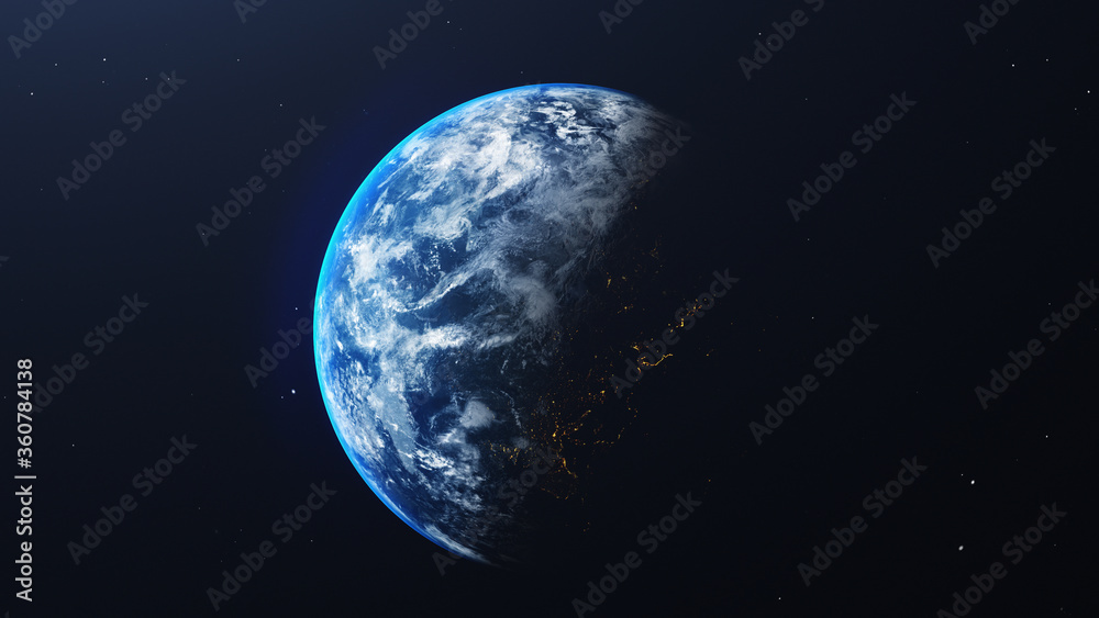 Earth in space view with shining sunrise in universe and galaxy background