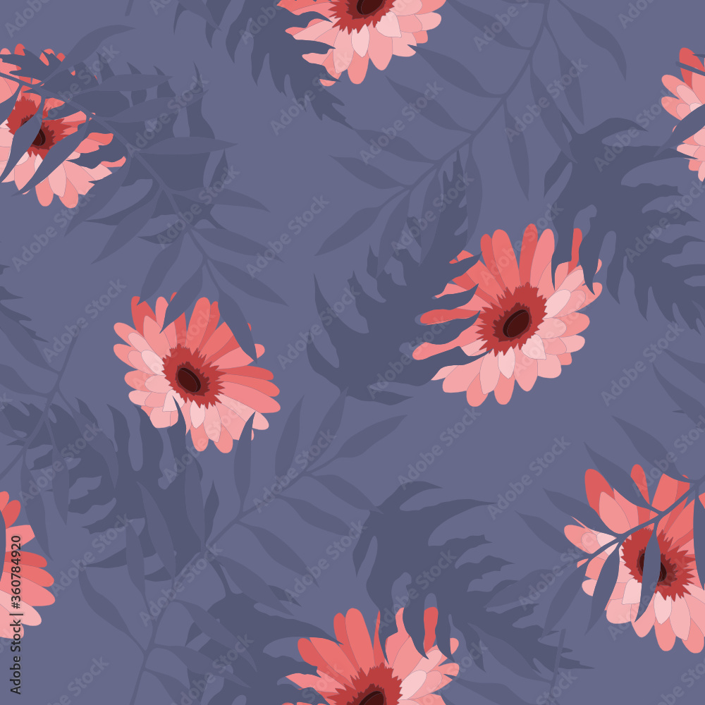 Vector seamless pattern with blue branches and leaves and bright orange gerbera daisy