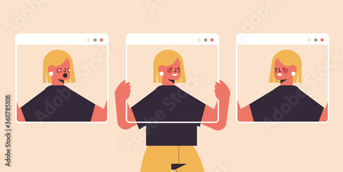 woman holding screens with different masks girl covering face emotions fake feeling depression mental disorder concept portrait horizontal vector illustration
