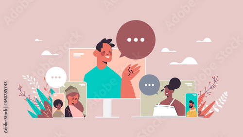mix race friends chatting during video call people having virtual live conference communication self isolation quarantine concept portrait horizontal vector illustration