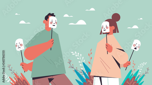 man woman hide their emotions under masks fake feeling mental disorder changing natural personality concept portrait horizontal vector illustration