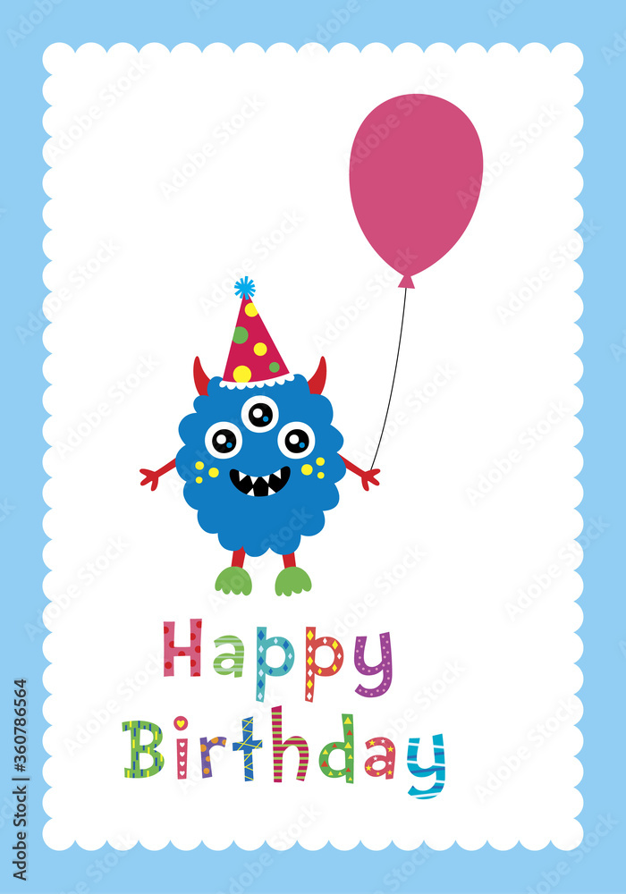 Obraz premium cute monster happy birthday greeting card vector