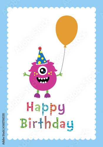 cute monster happy birthday greeting card vector