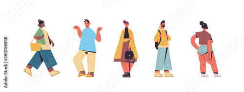 set cute people in casual trendy clothes mix race men women standing in different poses, male female cartoon characters collection full length isolated horizontal vector illustration