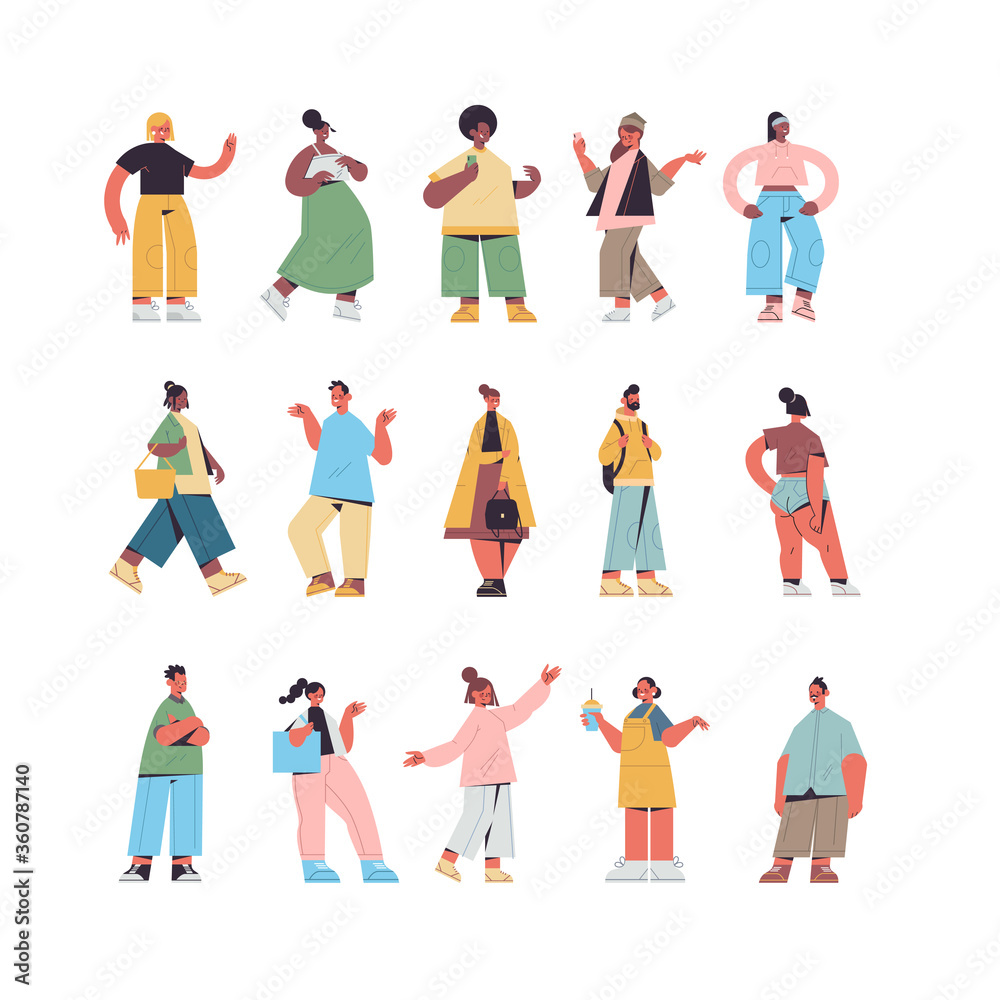 set cute people in casual trendy clothes mix race men women standing in different poses male female cartoon characters collection full length isolated vector illustration