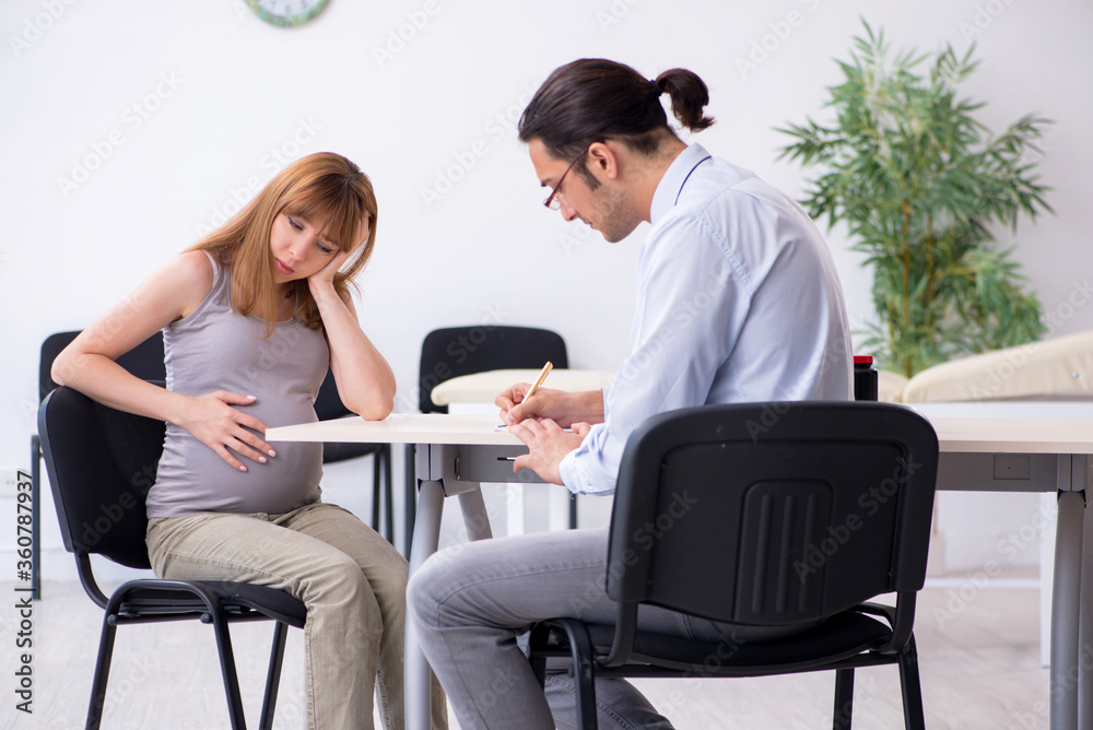 Pregnant woman visiting male psychologist doctor