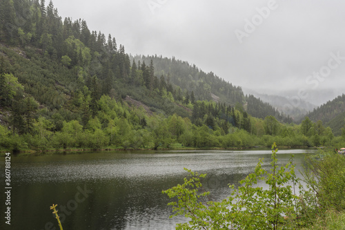 View of a mountain lake in foggy weather. On the opposite bank is a mountain with coniferous forest.